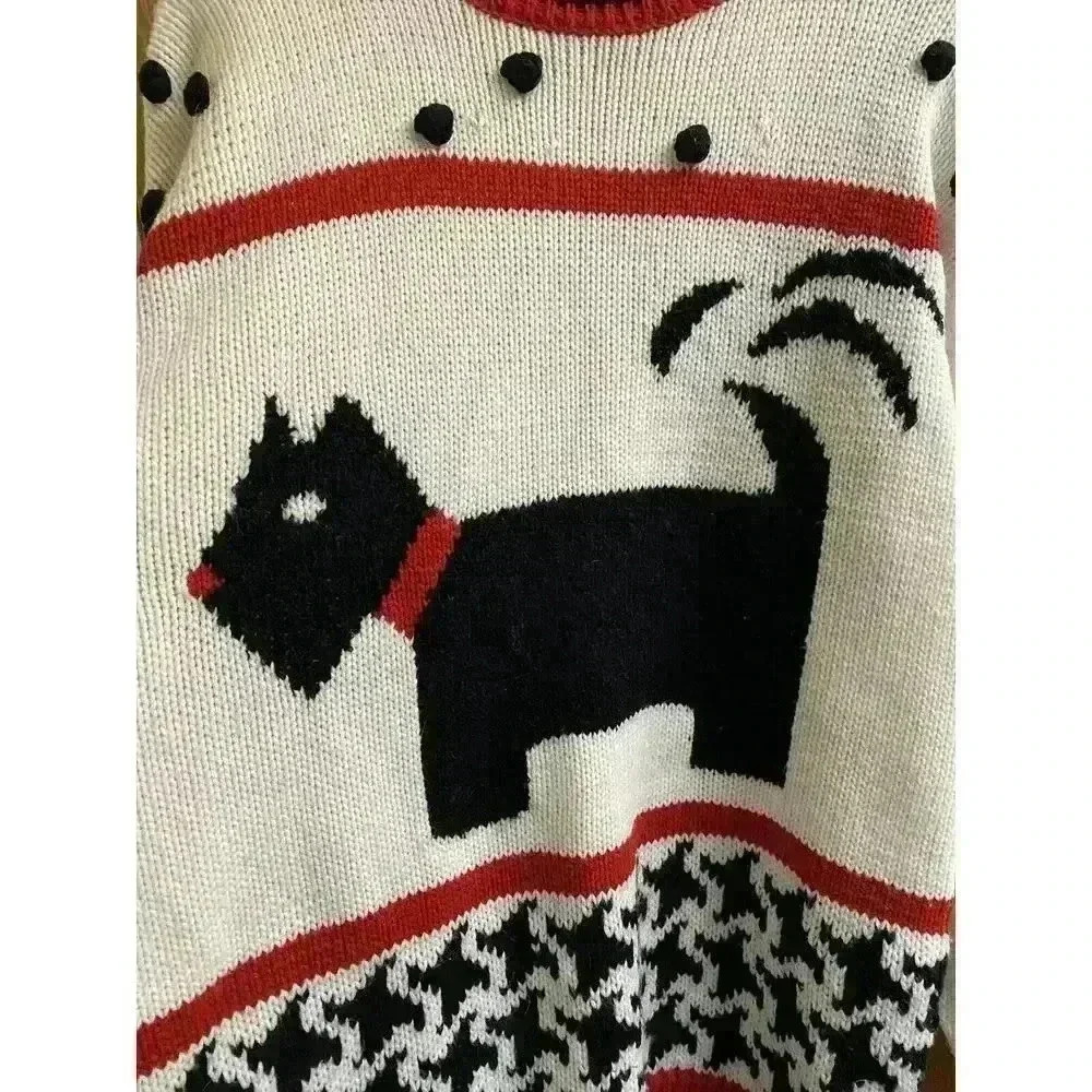 Vintage 90s Scottie Dog Knit Sweater By Beverly Hills Zoo Houndstooth Scottish L - Picture 2 of 10